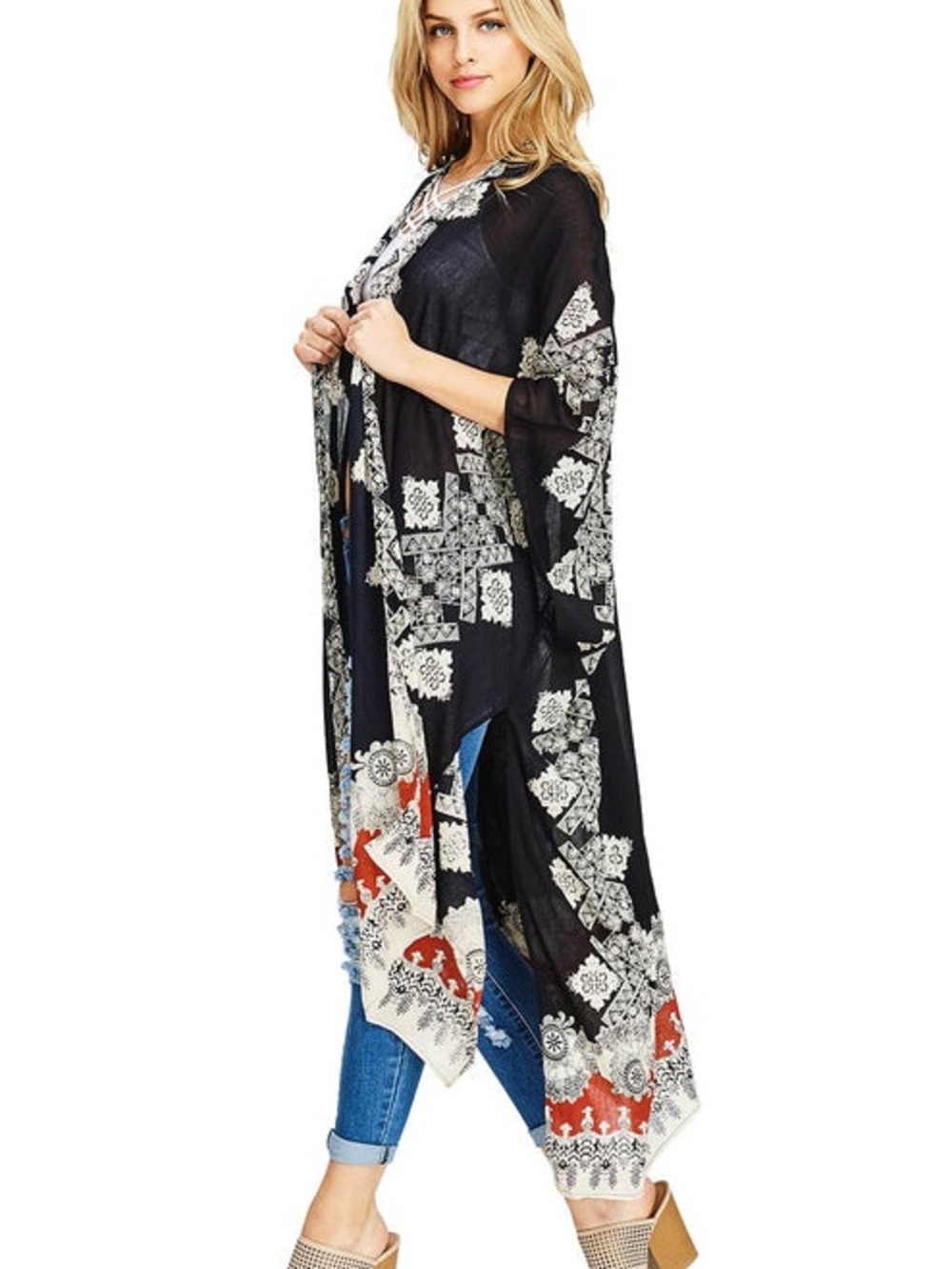 lovestitch Black Kimono with Red & White Border Print
